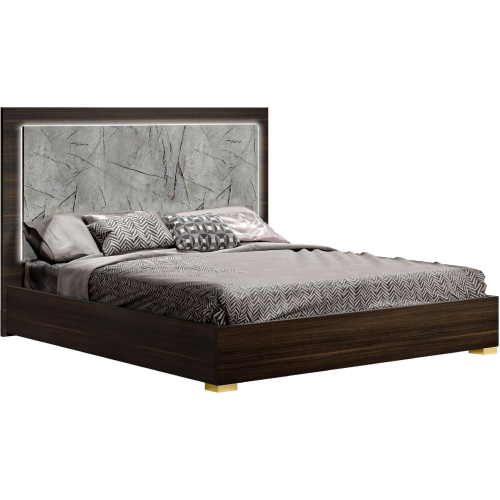 Travertine Queen Bed in Grey & Brown Marble Look & Dark Wood